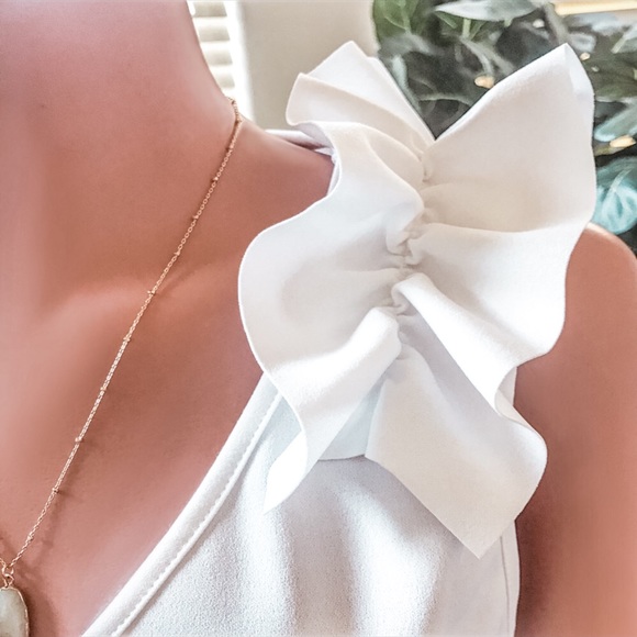 Tops - White V Neck Top With Ruffle Shoulder